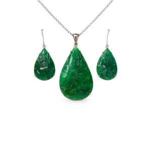 Royal Green Quartz Carved Pear Sterling Silver Pendant Set