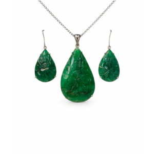 Royal Green Quartz Carved Pear Sterling Silver Pendant Set
