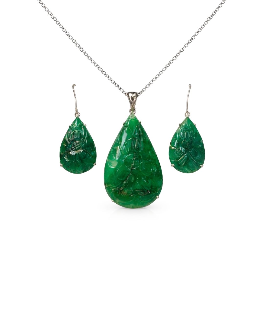 Royal Green Quartz Carved Pear Sterling Silver Pendant Set