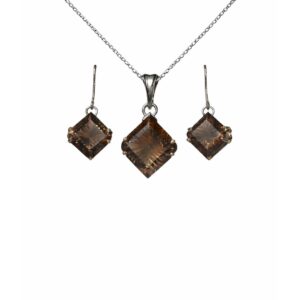 Classic Smokey Quartz Square Sterling Silver Pendant Set