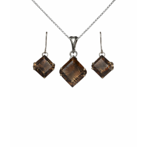 Classic Smokey Quartz Square Sterling Silver Pendant Set