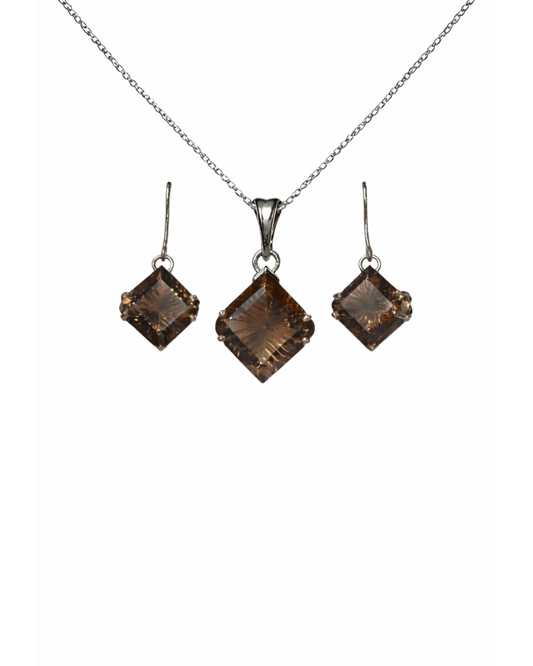 Classic Smokey Quartz Square Sterling Silver Pendant Set