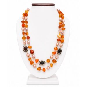 Elegant Carnelian & Shell Pearl Double Strand Mala Necklace