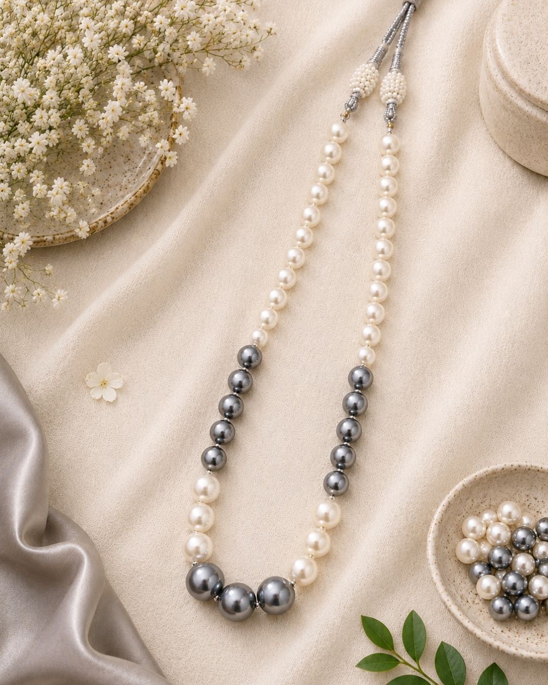 Moonlit Contrast Shell Pearl Mala Necklace - Image 2