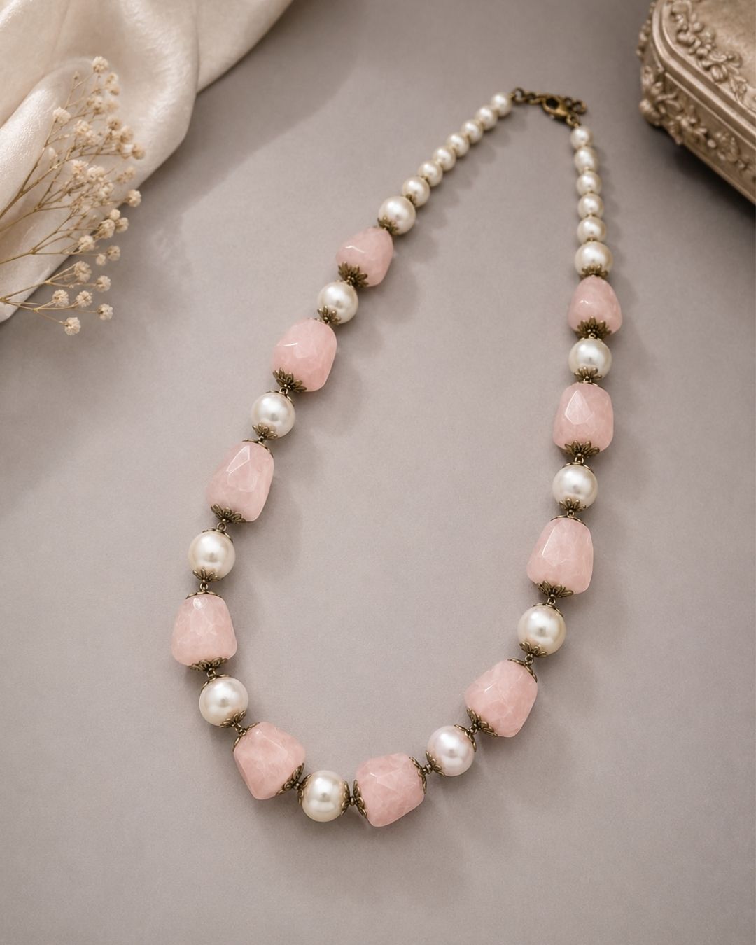 Rose Quartz Pearl Elegance Mala Necklace - Image 2